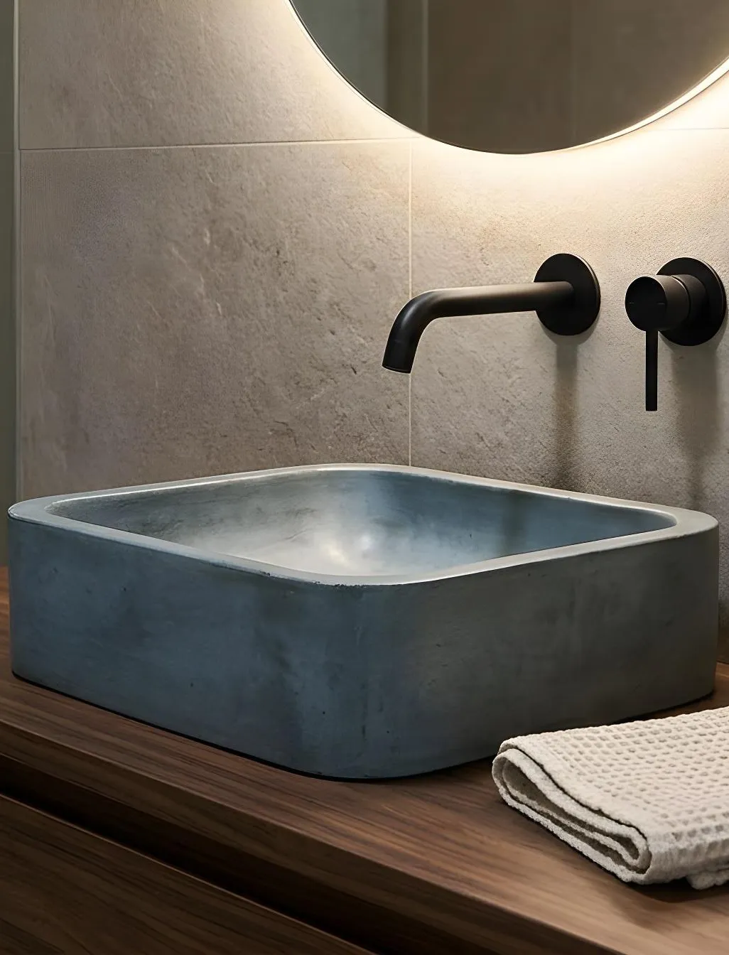 Detalle de terminación en cemento alisado de bacha para baño - Casa Jota